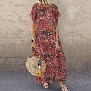 NWT Zanzea Bohemian Lagenlook Red Patterned Maxi Dress w/Pockets Size S